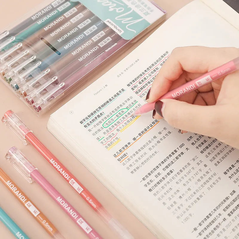 Set of nine retro gel pens with 0.5mm needle tips in plastic casing arranged by colour series