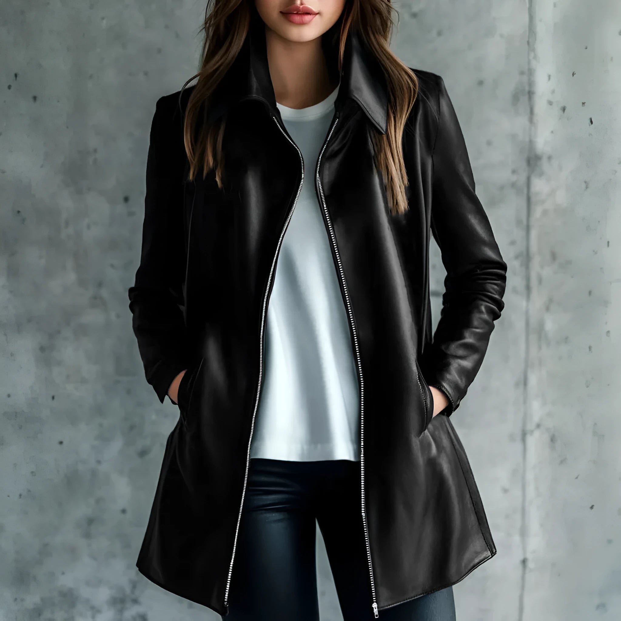 Black women's leather jacket with solid colour and long sleeves