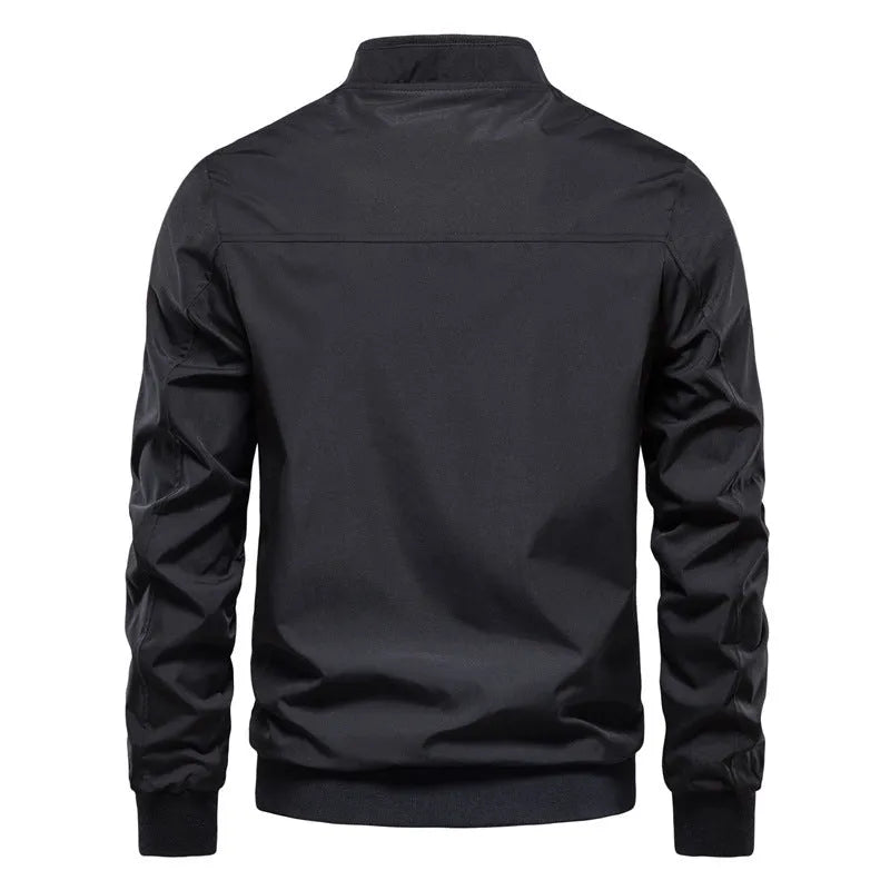 Men's thin solid-colour casual jacket in Army Green, black, or dark blue polyester.