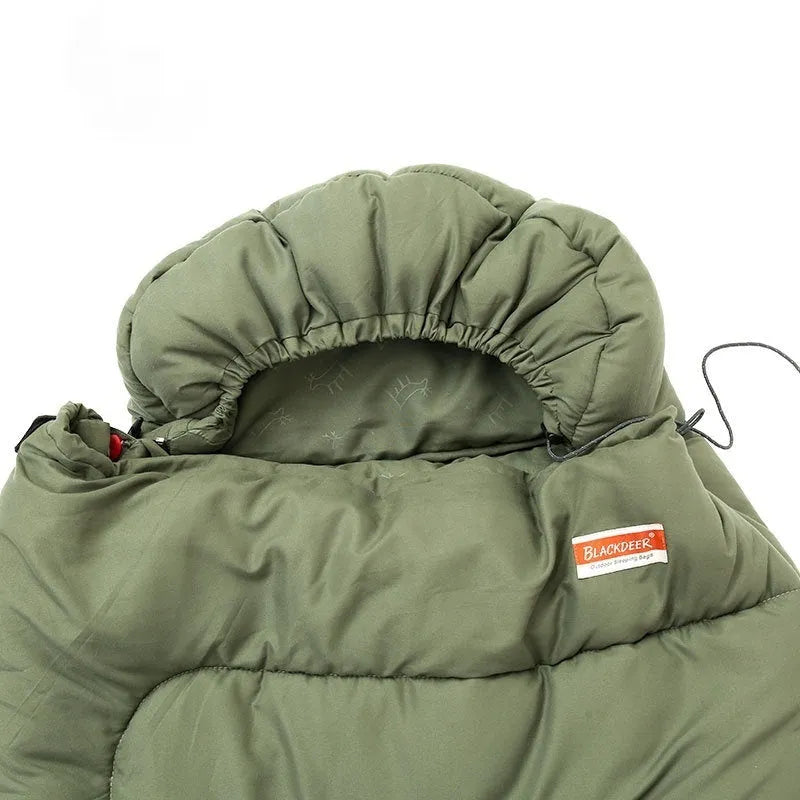 Cotton camping sleeping bag quilt in ochre or olive green colour, lightweight cold-proof design