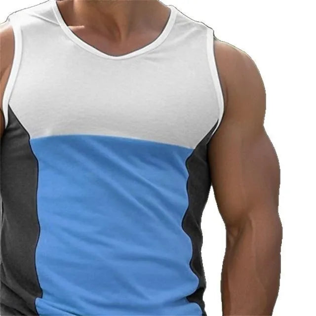 Men's blue contrast panel cotton blend sports vest for running, showing front view.