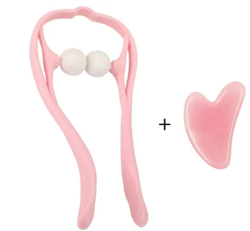 Plastic hand roller neck massager with adjustable stand and removable head in pink, blue, or green colours.