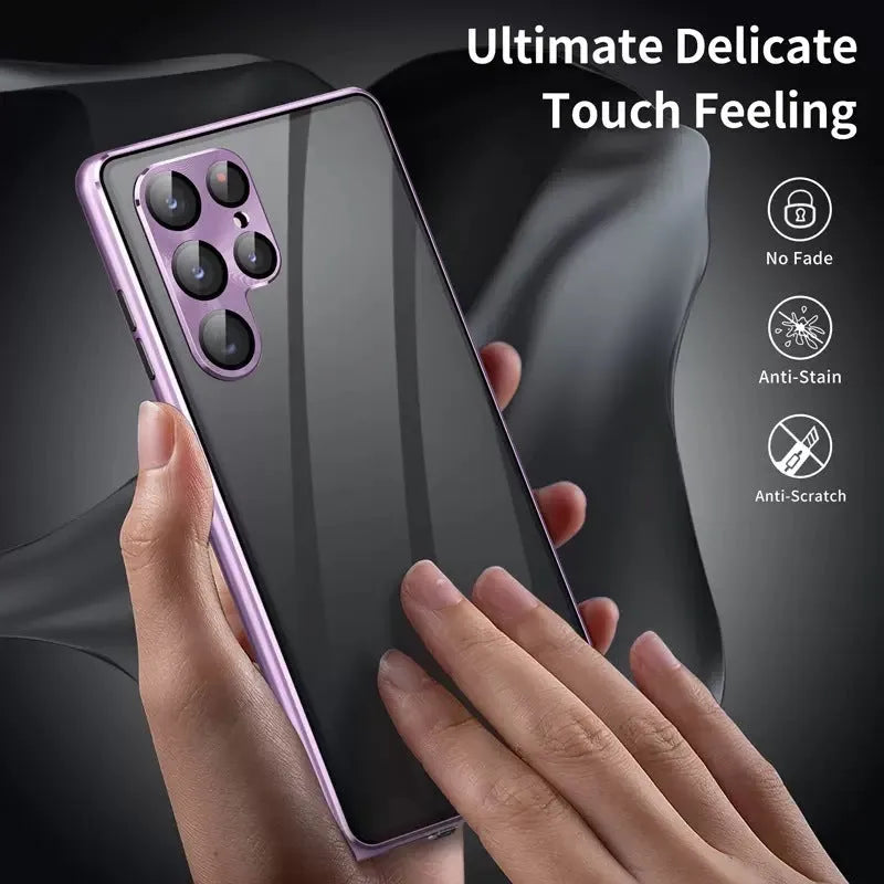 Black metal magnetic phone case with mirror for Samsung Galaxy S24 Ultra on a table.