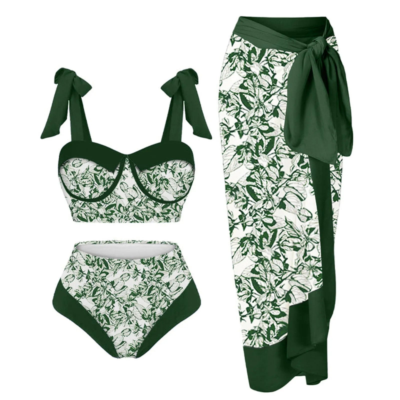 Women's pink printing split swimsuit three-piece set with skirt, bra, and panties.