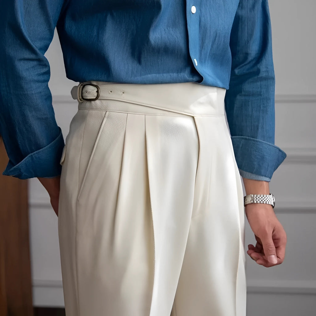 Men's black high-waisted straight leg casual trousers on a hanger