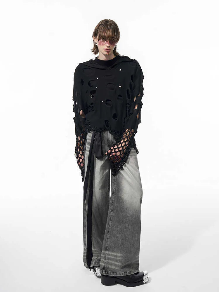 Men's black thin knit hoodie with pearl decorative detail and hood