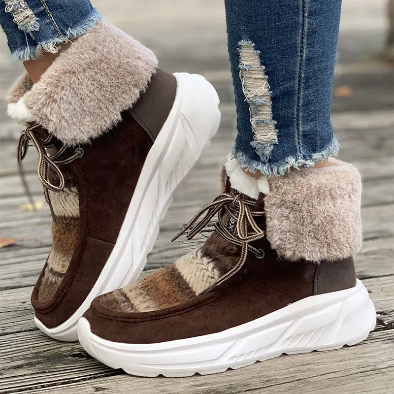 Women's beige lace-up snow boots with suede upper and thick rubber sole