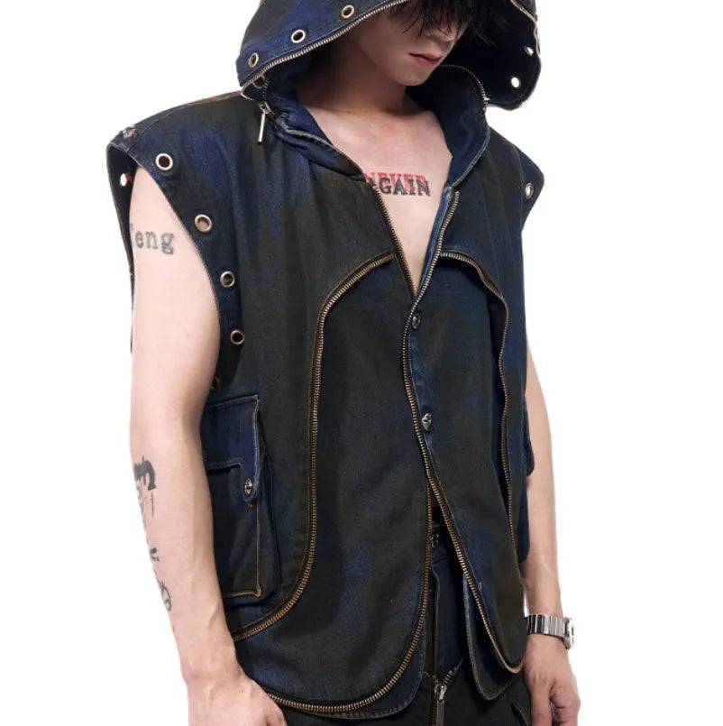 Blue hooded denim vest coat with matching trousers, Korean style zippered jacket set