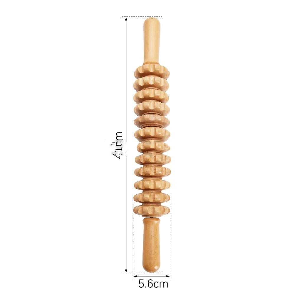 Beech wood massage roller set with T-shaped, straight, curved, and multi-wheel tools for lymphatic drainage