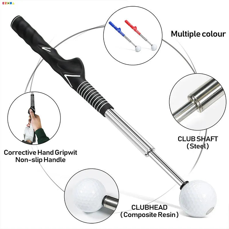 Stainless steel telescopic golf swing trainer in black, blue, or red colour for practice