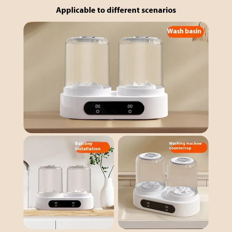 White double bucket mini washing machine with USB cable for portable small item laundry