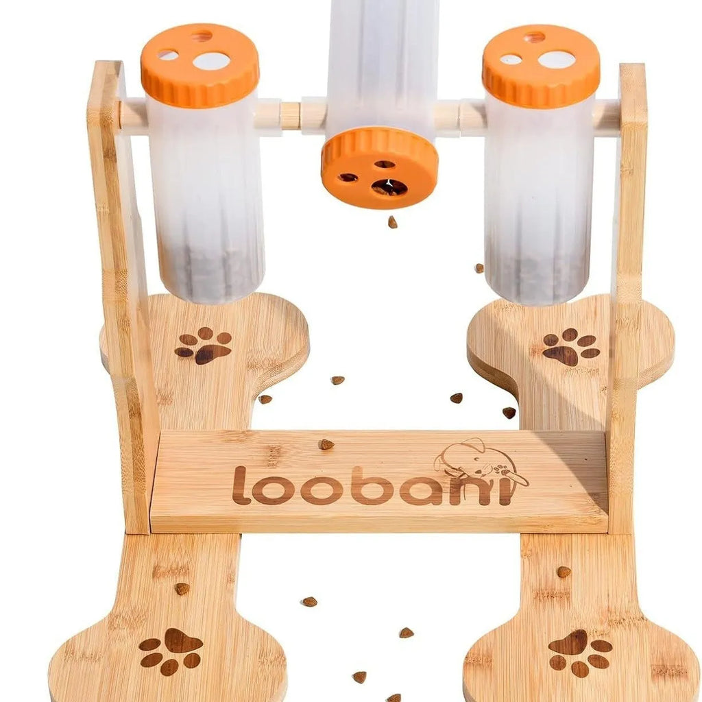 Wooden interactive dog puzzle toy and slow feeder with treat compartments, dimensions 31x30x20cm.