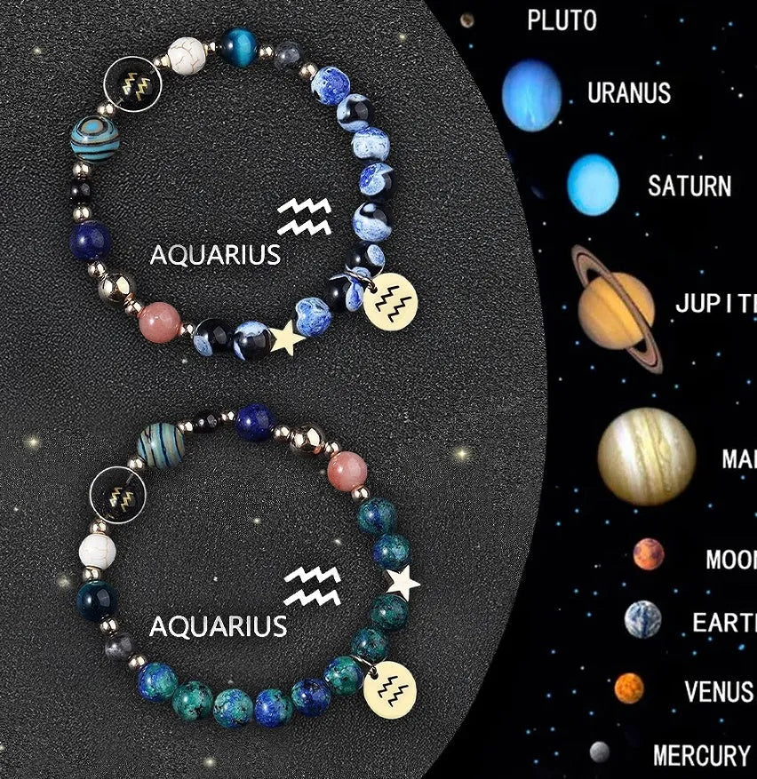 Zodiac sign bracelet with natural stone beads on elastic cord, adjustable astrology jewellery