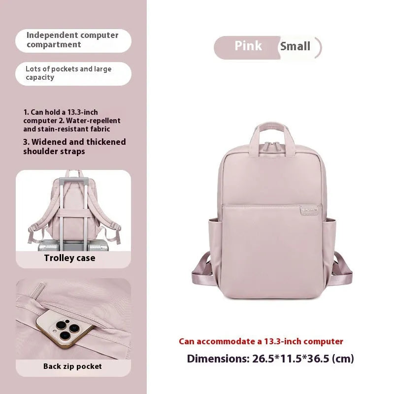 Nylon women's travel backpack in apricot colour showing front pockets and laptop compartment.