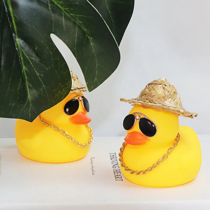Straw hat yellow duck cartoon car dashboard ornament with sunglasses accessory on matte finish