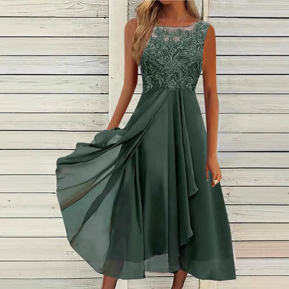 Women's sleeveless chiffon dress with lace stitching detail in midi length