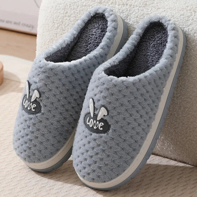 Women's rabbit plaid cotton house slippers with a thick rubber sole, shown in apricot colour.