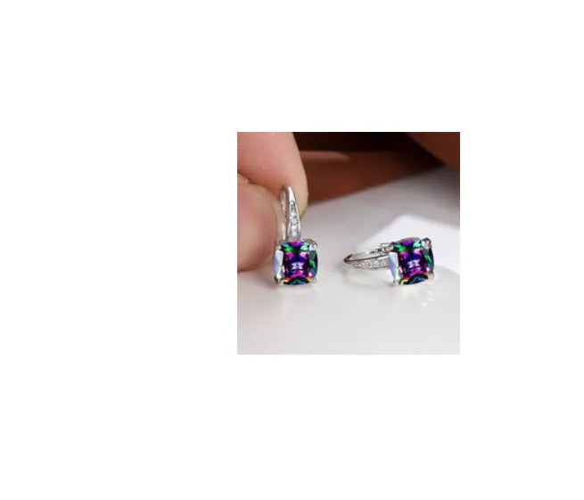 Square geometric ear clips with colourful moissanite stones in gold and silver electroplated finishes.