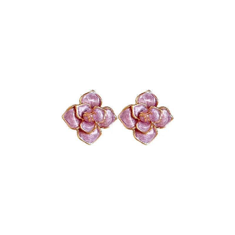 Gold plated copper stud earrings with purple oil-spot glaze flower decorations