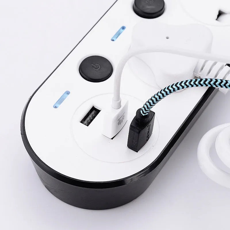 Multi-switch international power strip with USB ports and UK, US, EU plug options.