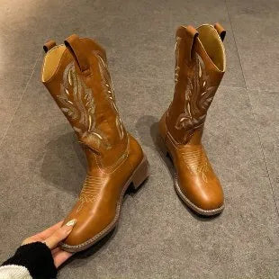 Brown women's mid-calf embroidered Martin boots with leather lining and decorative totem patterns