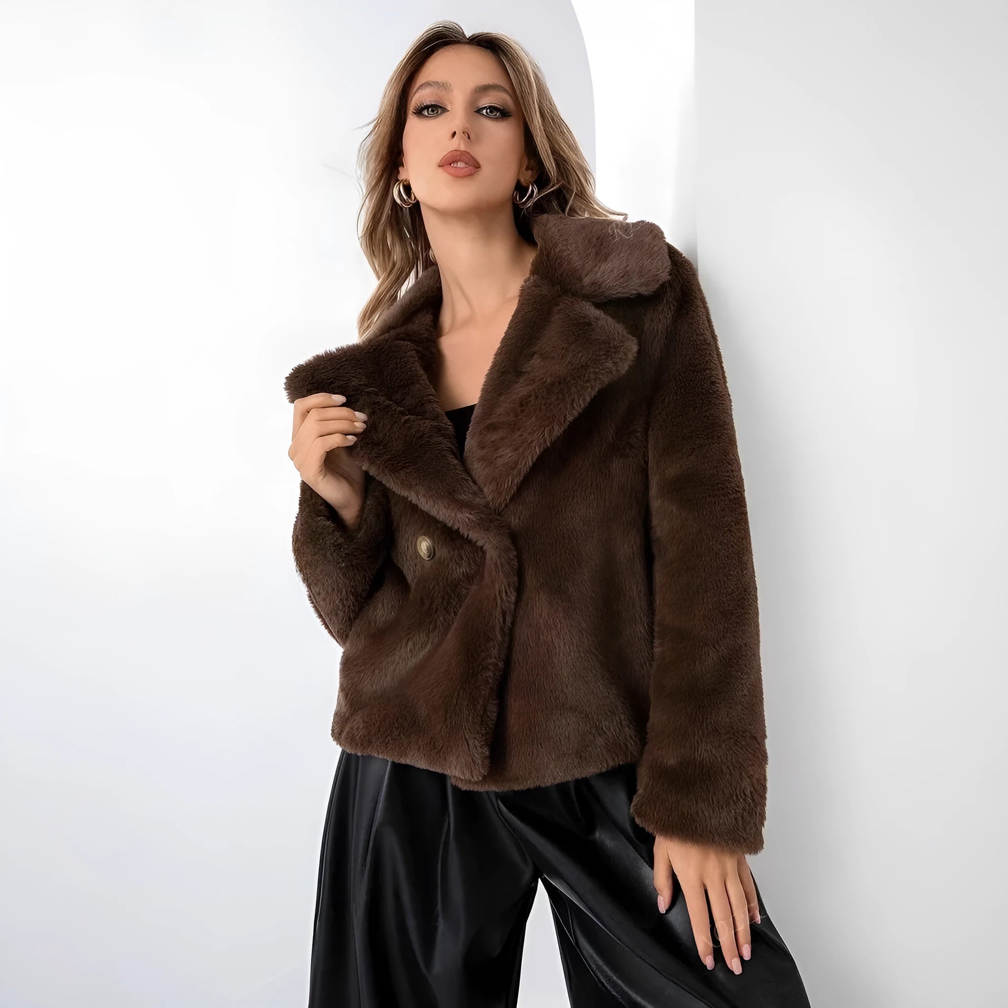 Women's loose short faux fur coat in Rose Red colour with regular sleeves and 50cm length
