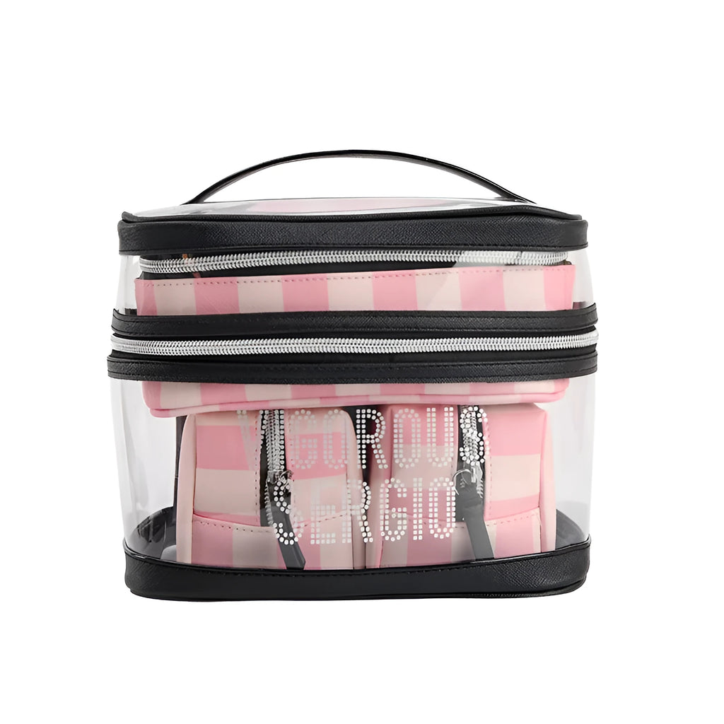 Pink bold stripes floral makeup buggy bag in synthetic leather with waterproof finish.