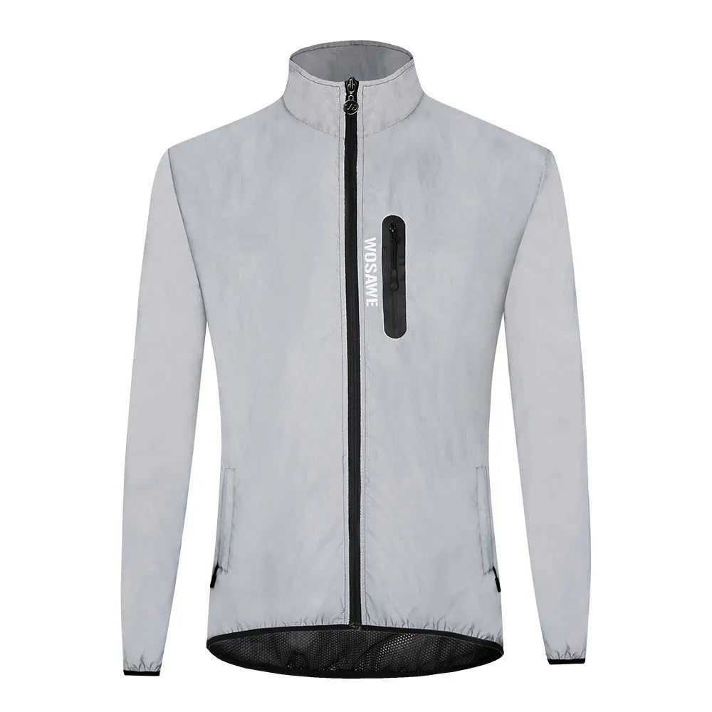 Silver waterproof polyester long sleeved top with European sizing from S to 3XL displayed front view