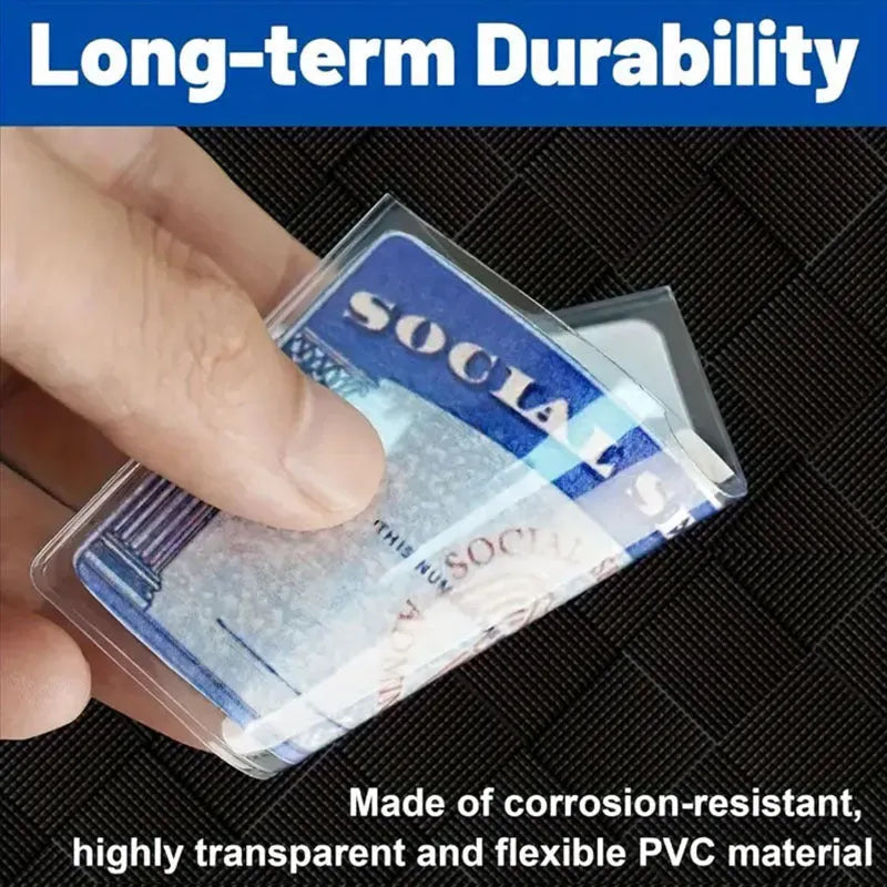 Transparent PVC social security card holder showing clear front and standard 9.7 by 5.9 cm dimensions.