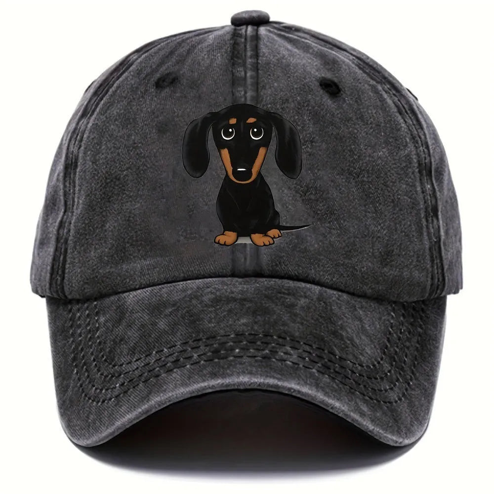 Retro washed cotton baseball cap with embroidered dachshund design on front panel