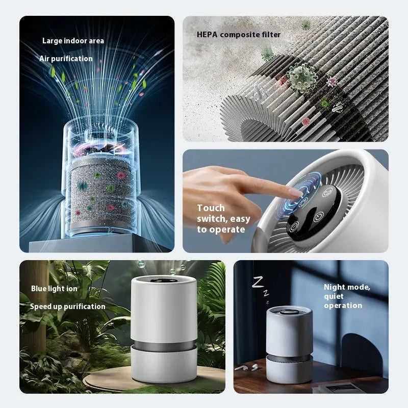 White desktop air purifier model EJ-JHQ101 with USB cable and aromatherapy tablet on a desk.