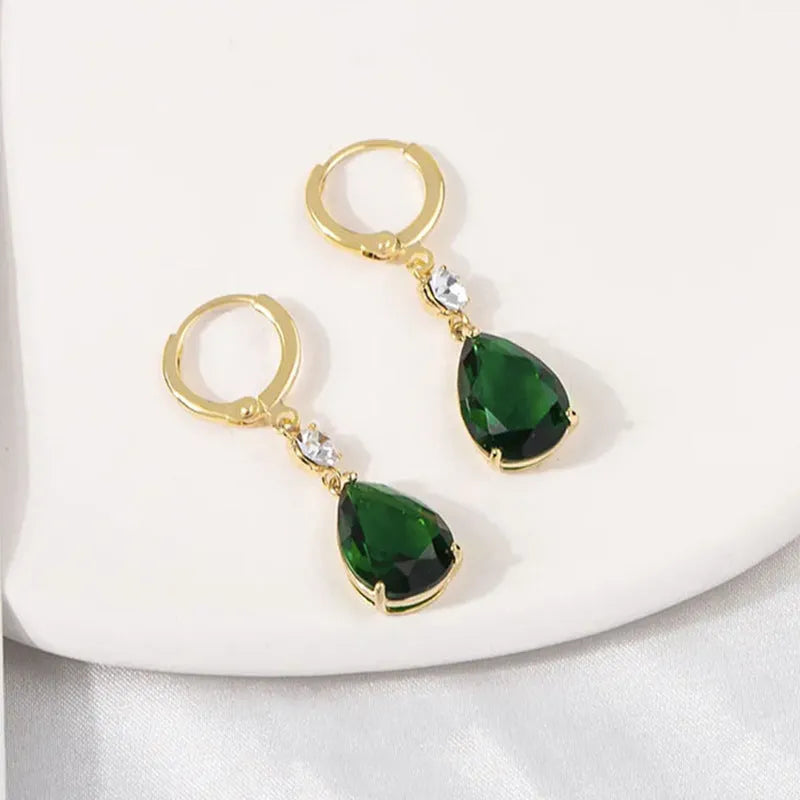 Geometric green alloy teardrop drop earrings with emerald colour and lightweight construction