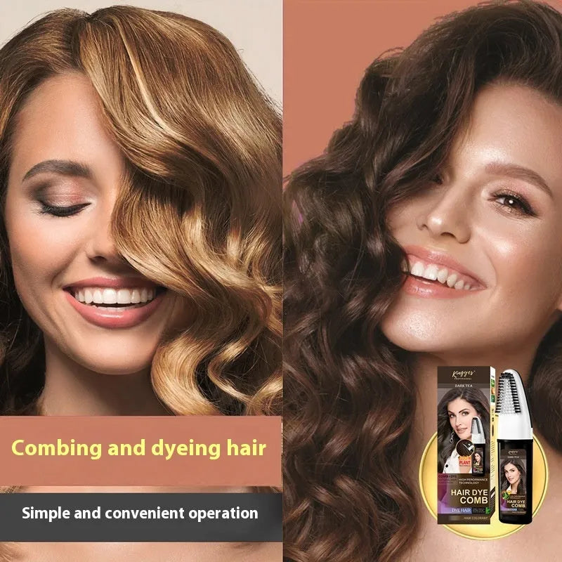 Hair dye bottle with application comb in wine red, dark brown and brown colour options