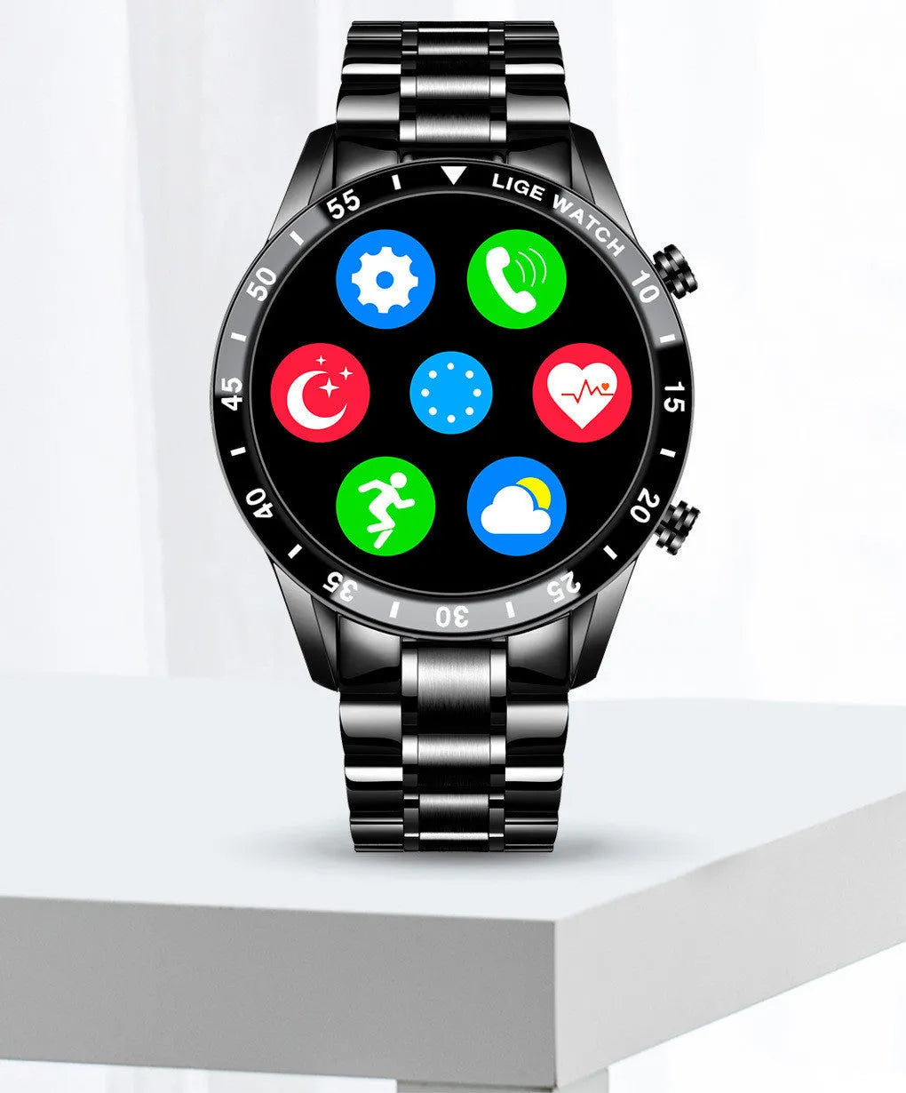 Smart watch with stainless steel band and 1.3-inch touch screen display