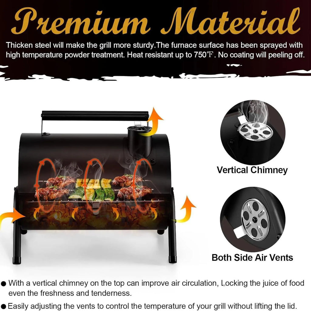 Small foldable desktop charcoal barbecue grill with grill grate, shown in open and closed positions.
