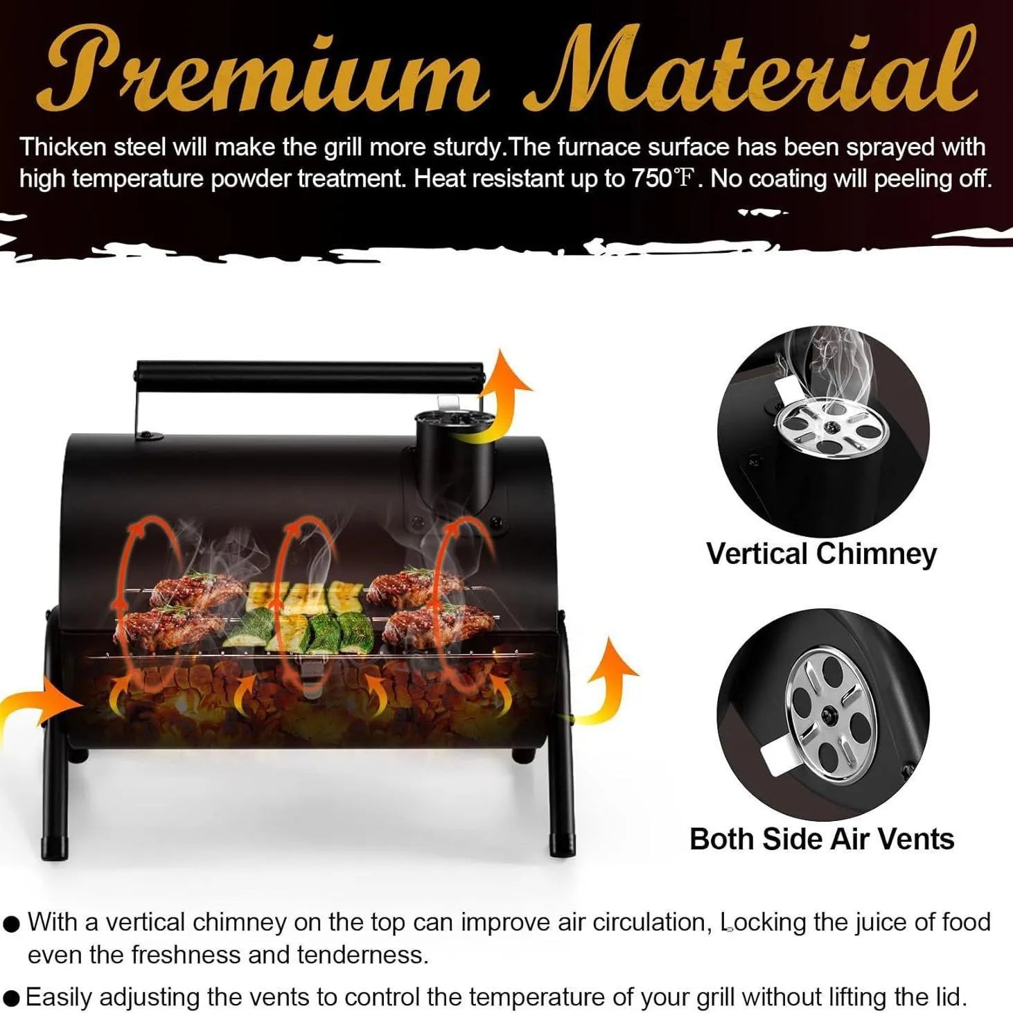 Small foldable desktop charcoal barbecue grill with grill grate, shown in open and closed positions.