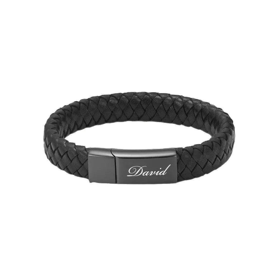 Black woven leather and stainless steel casket bracelet with personalisation for text.