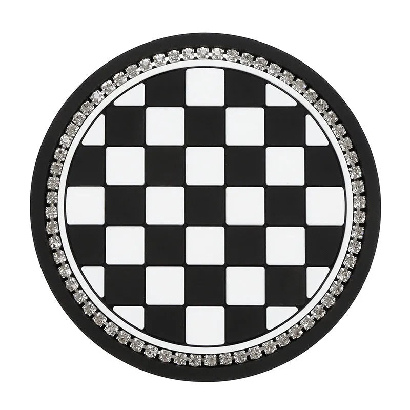 PVC non-slip car cup holder coaster mat in a black and white checkerboard pattern