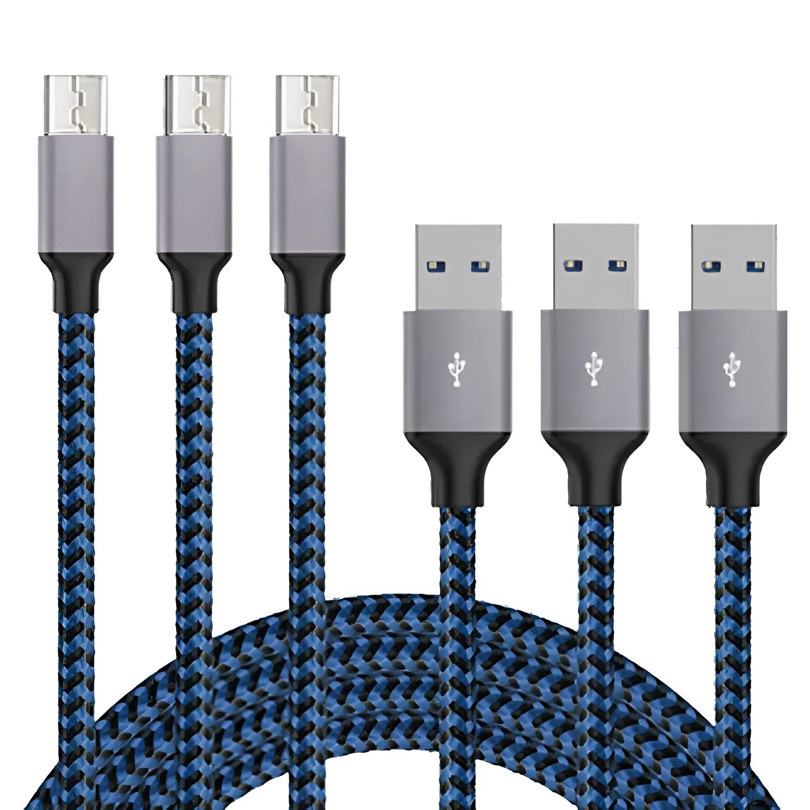 Black and white nylon-braided Micro USB fast charging cable for Android phones.