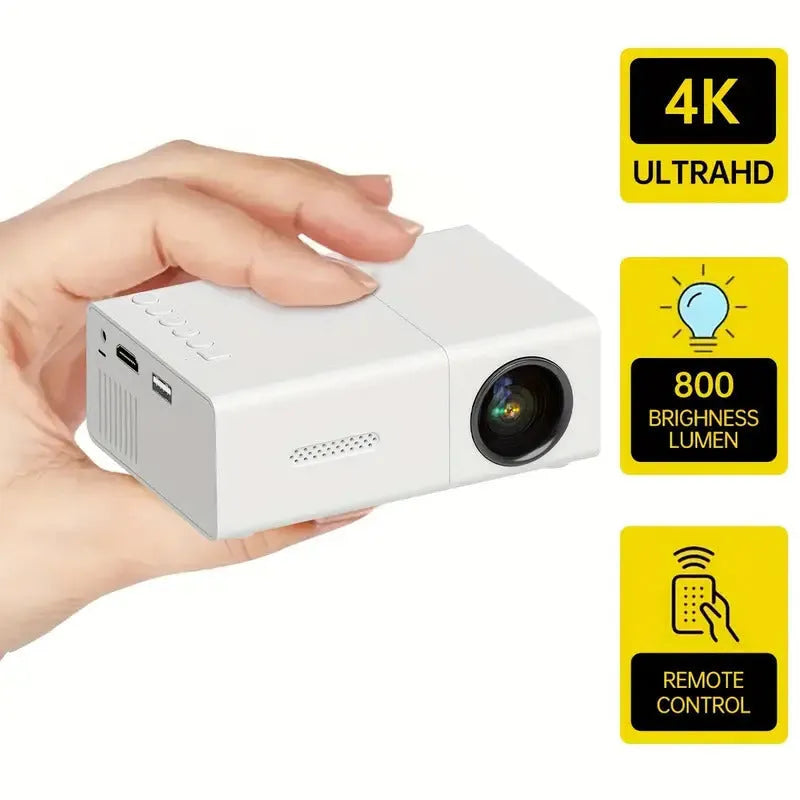 M100 Mini Home LED Projector in black or white, showing remote control and cables.