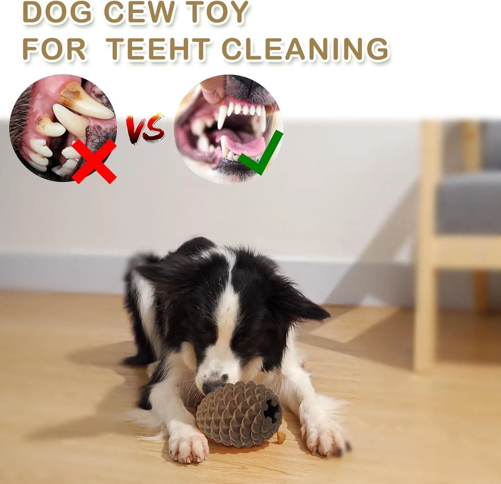 Yellow pine cone shaped indestructible dog chew toy with treat dispenser hole