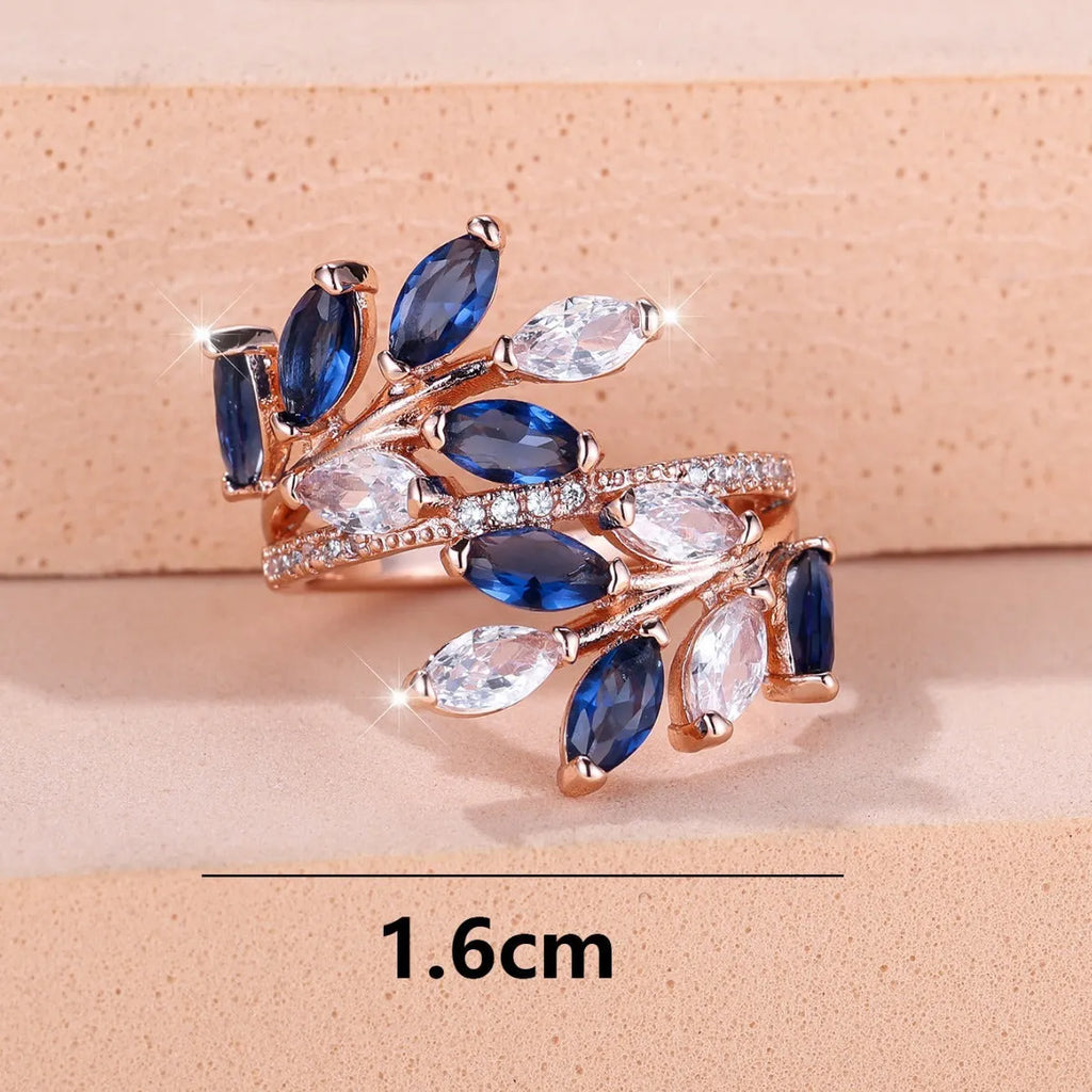 Adjustable copper leaf ring with horse eye zircon stone in multiple colour options