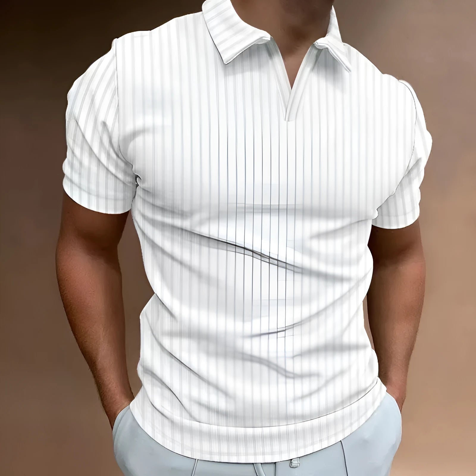 Men's striped V-neck summer sports polo shirt in cotton blend fabric showing elasticity