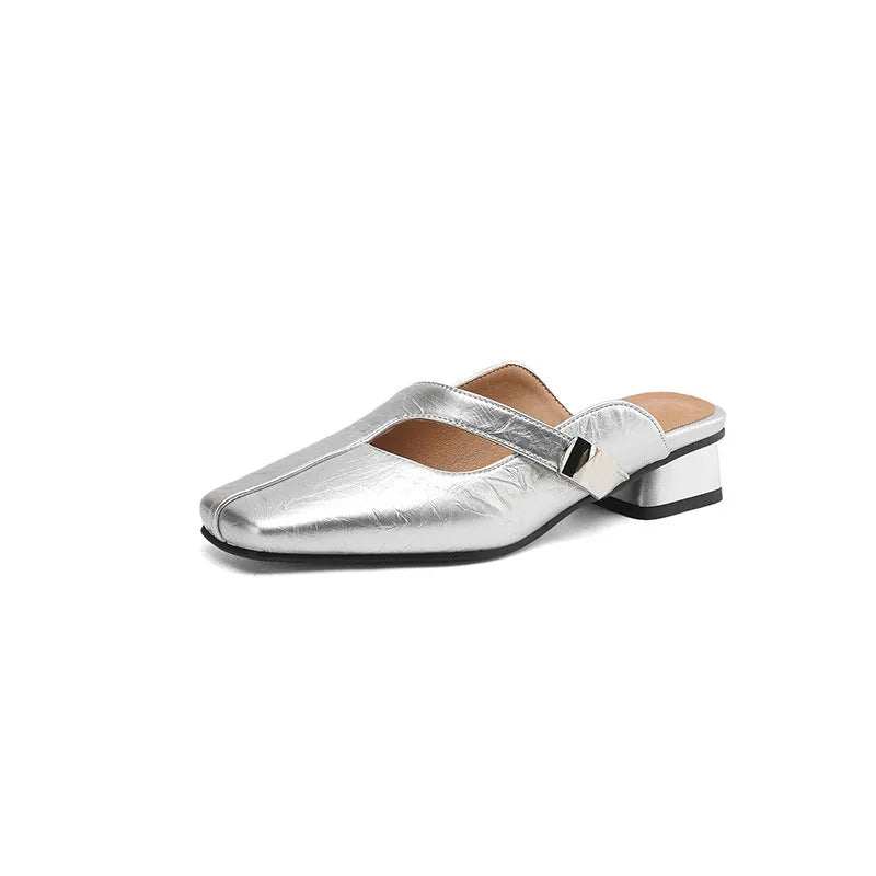 Low-heel square-toe outdoor leisure slippers in artificial PU, available in black, beige, and silver colours.