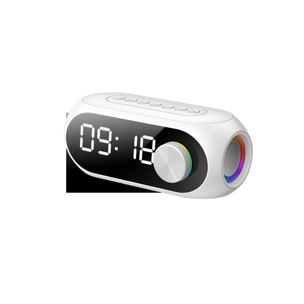 Extra bass portable mini clock in black, white, or blue colours with USB charging cable
