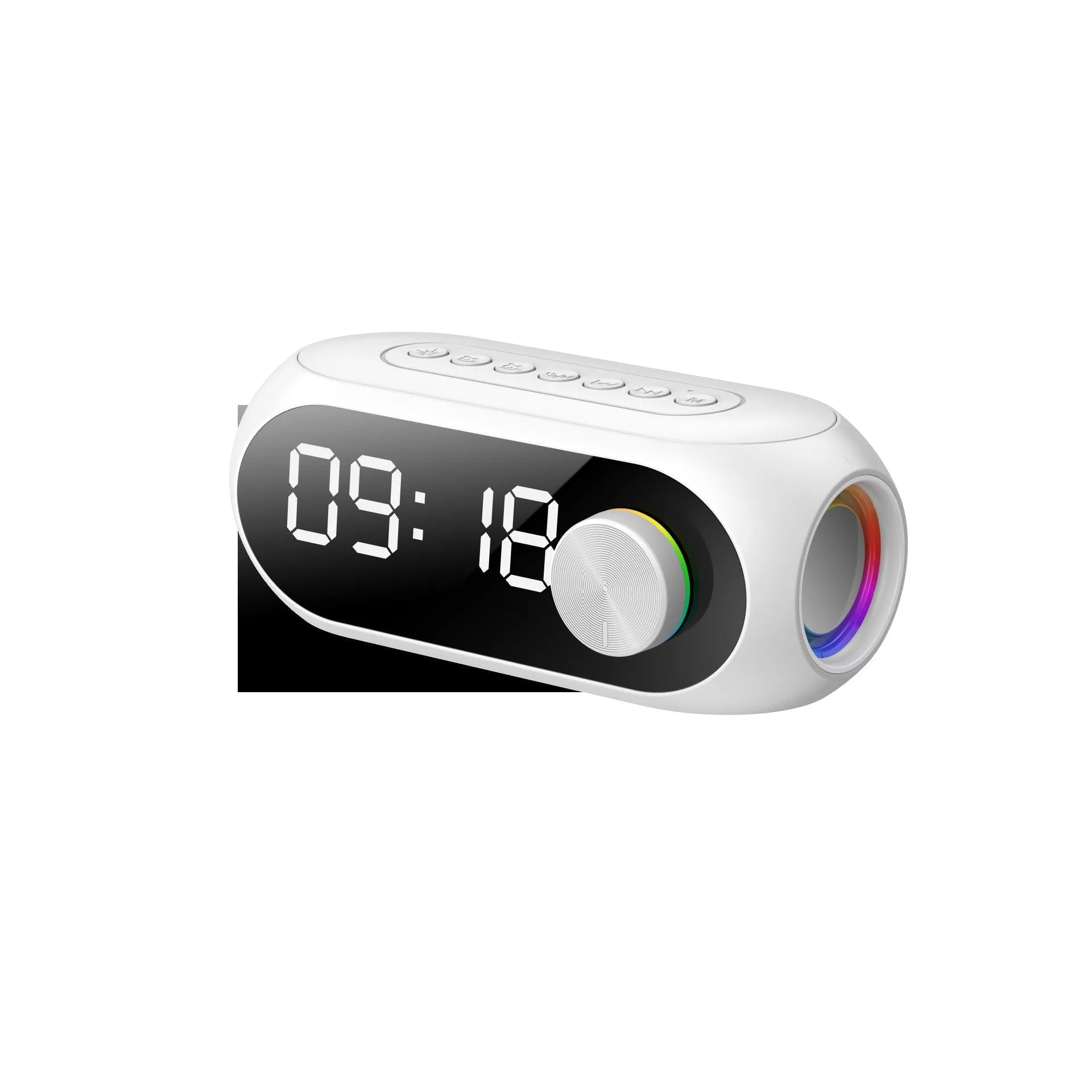 Extra bass portable mini clock in black, white, or blue colours with USB charging cable