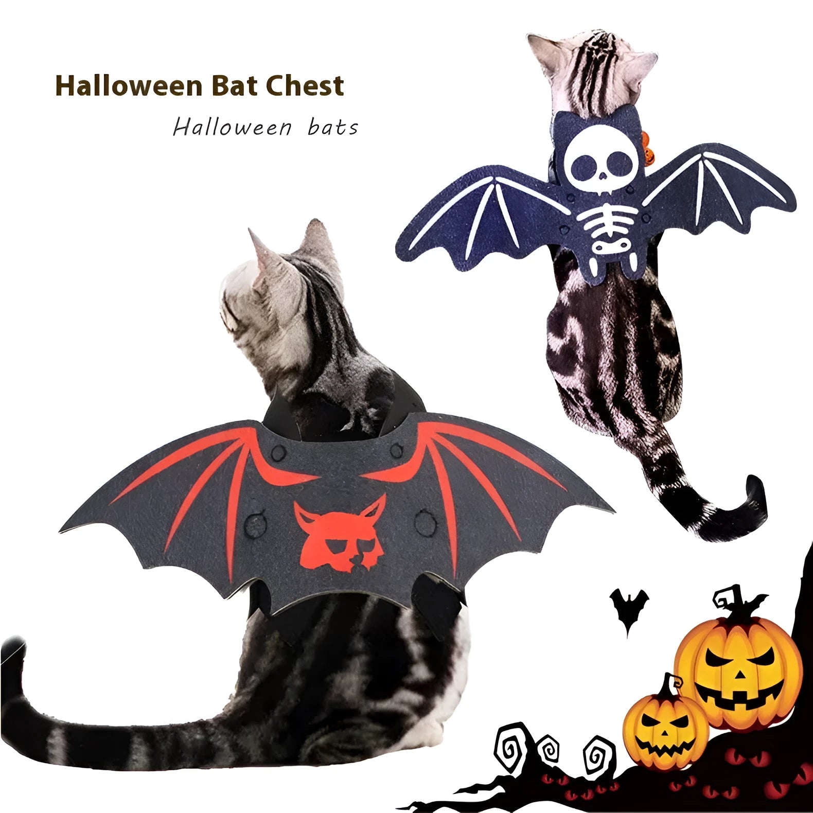 Halloween batwing costume for a cat on a mannequin, shown in orange pumpkin bat colour variant.