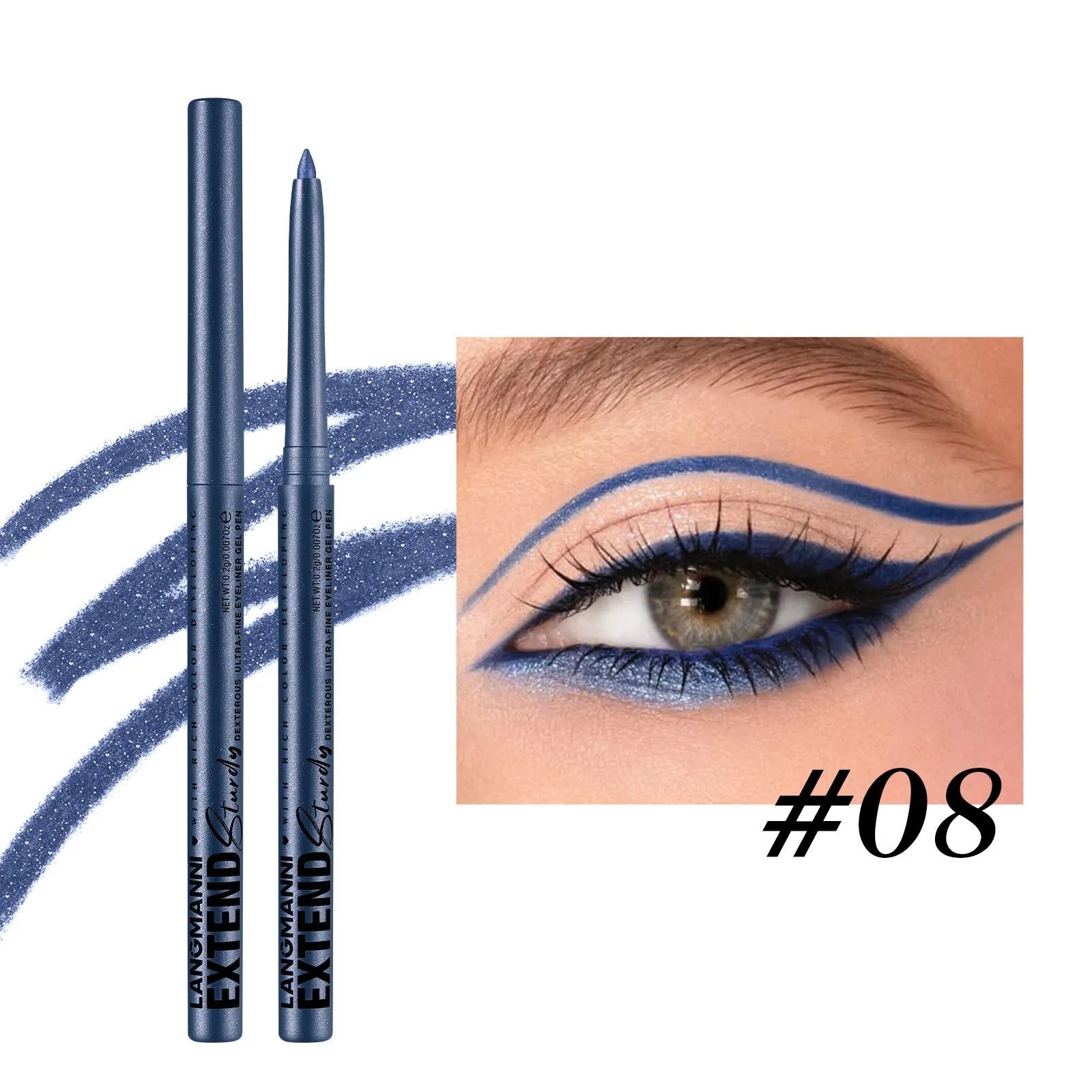 Set of 12 colourful gel glitter eyeliner pencils arranged showing metallic, matte, and glitter finishes.