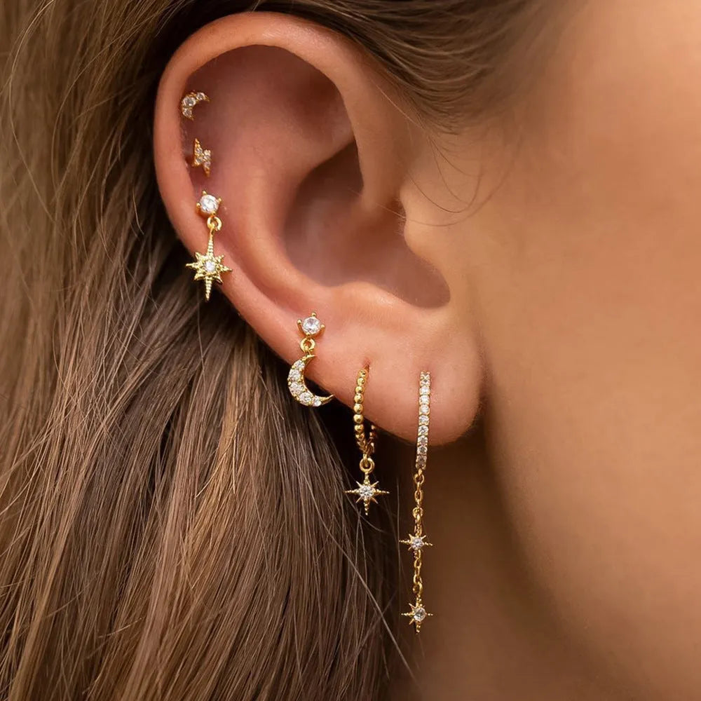 XINGX six-piece gold electroplated chain tassel earrings with zircon stud details for women