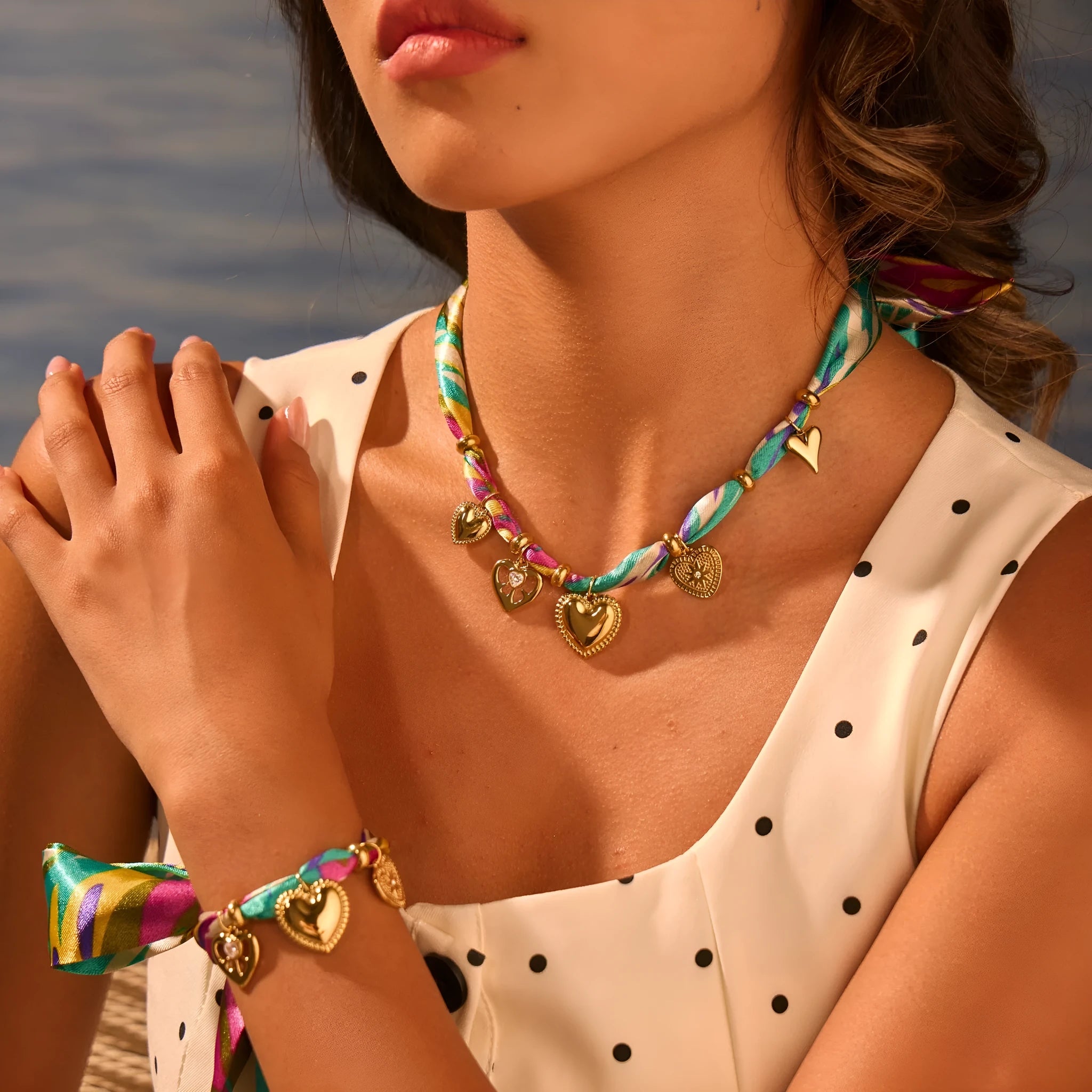 Geometric pendant necklace and chain bracelet in 18K gold electroplated finish with adjustable 41-50cm necklace